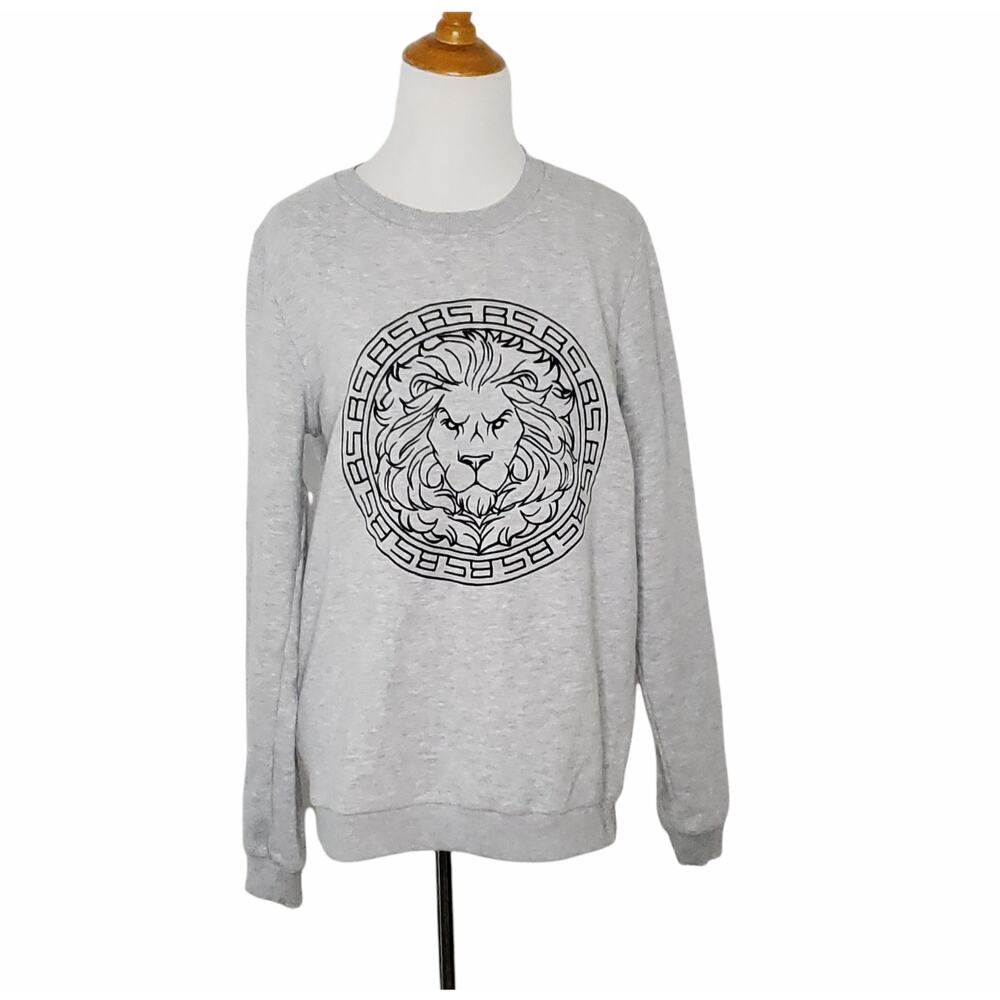 Black Star Wear Lion Graphic Print Sweatshirt Gray Crew Neck Unisex Small